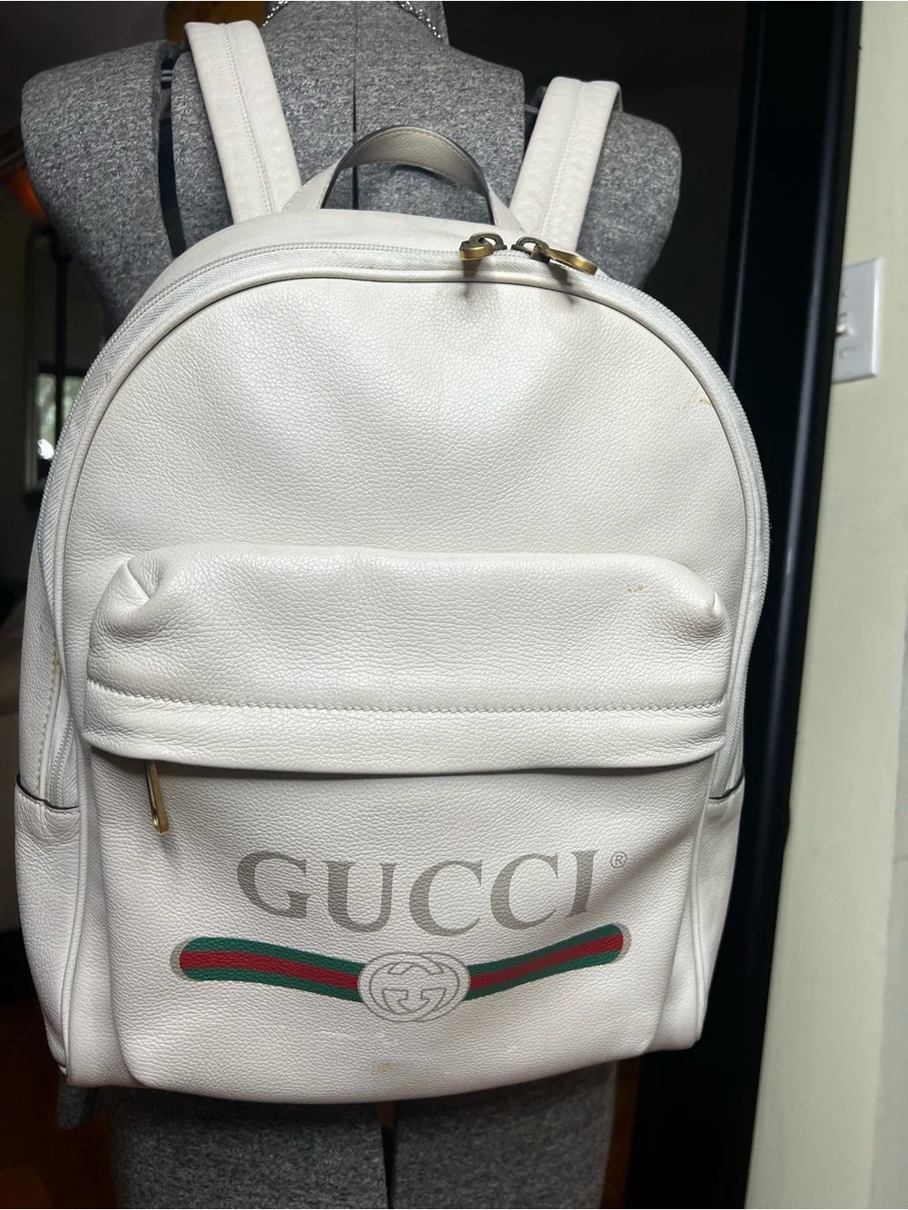 Gucci Print Large Ivory Leather Web Logo Backpack 547834